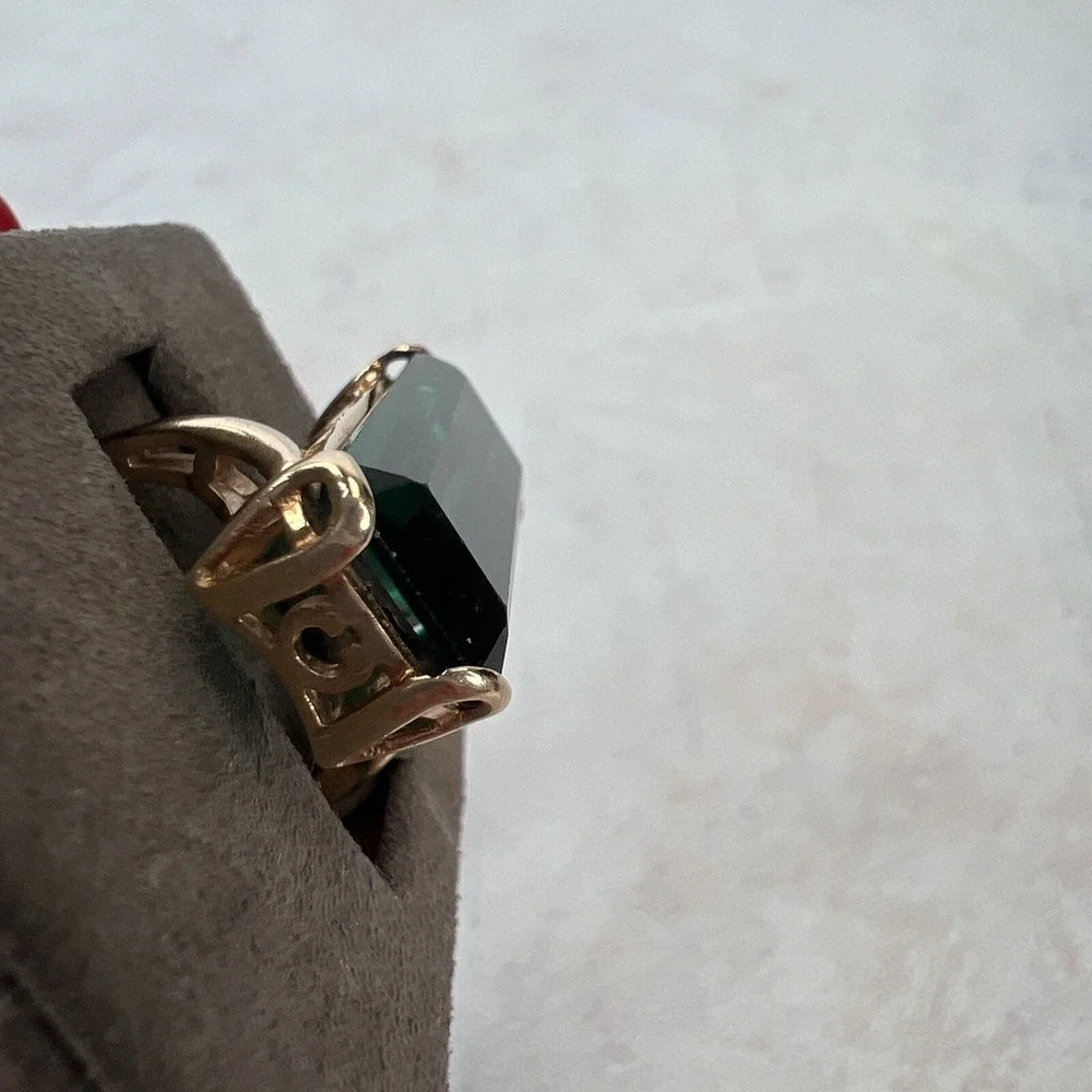 13.5ct Emerald Cut Green Tourmaline Ring 14K Yellow Gold Large‎ Estate Cocktail